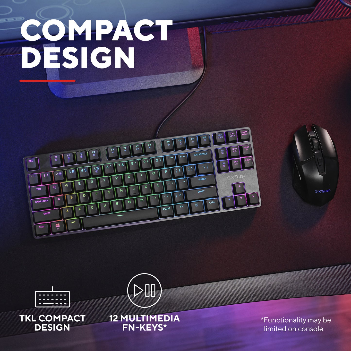 Trust GXT 864 Cada Tastiera da gioco meccanica compatta TKL, tastiera da gioco (nera, layout USA, marrone Huano, RGB)