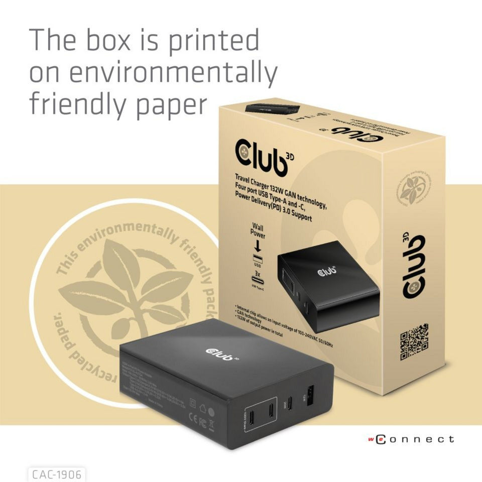 Club 3D Travel Charger 132W Gan Technology, Four Port USB