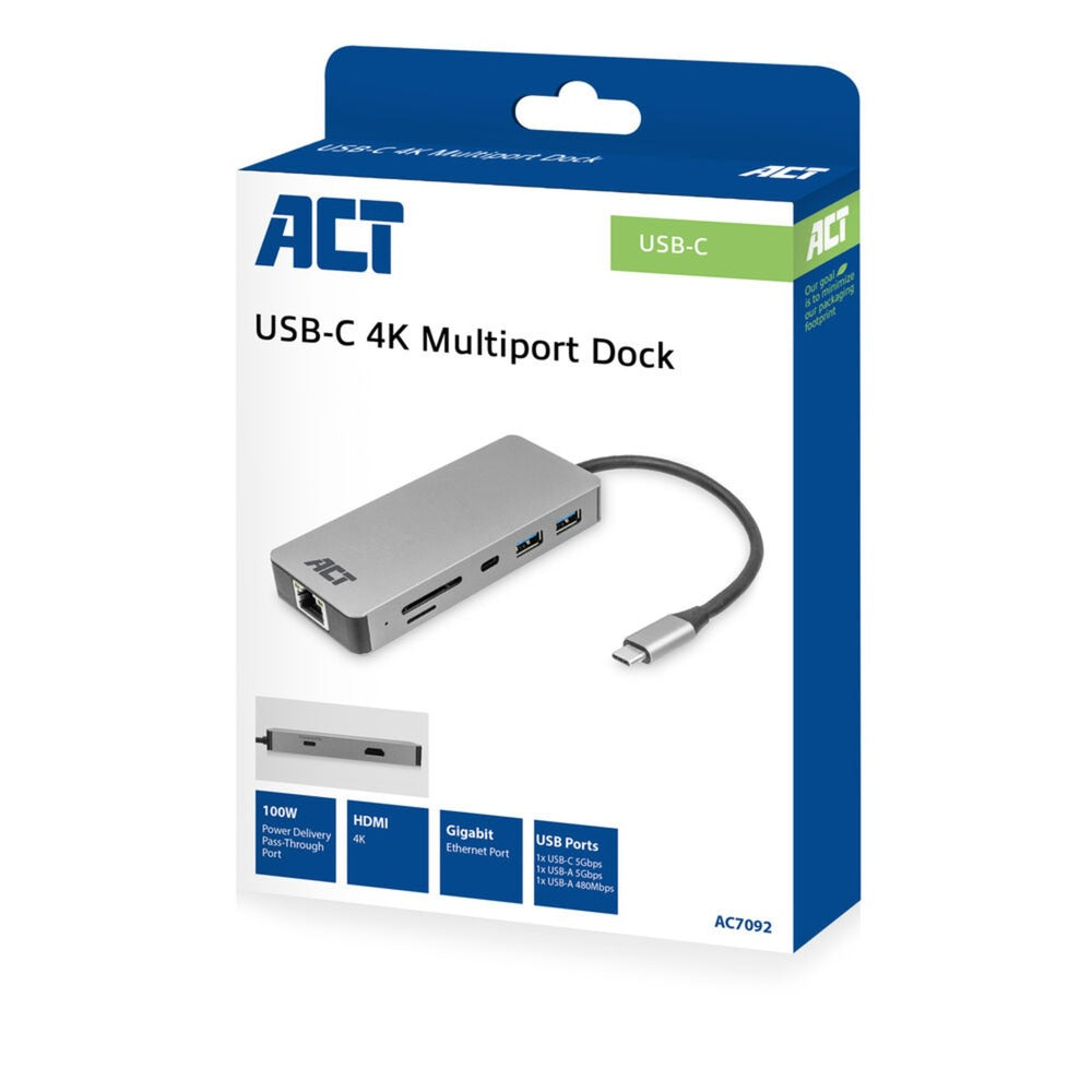 Conectividad ACT USB-C 4K Estación de acoplamiento para 1 HDMI Monitor, EthEd