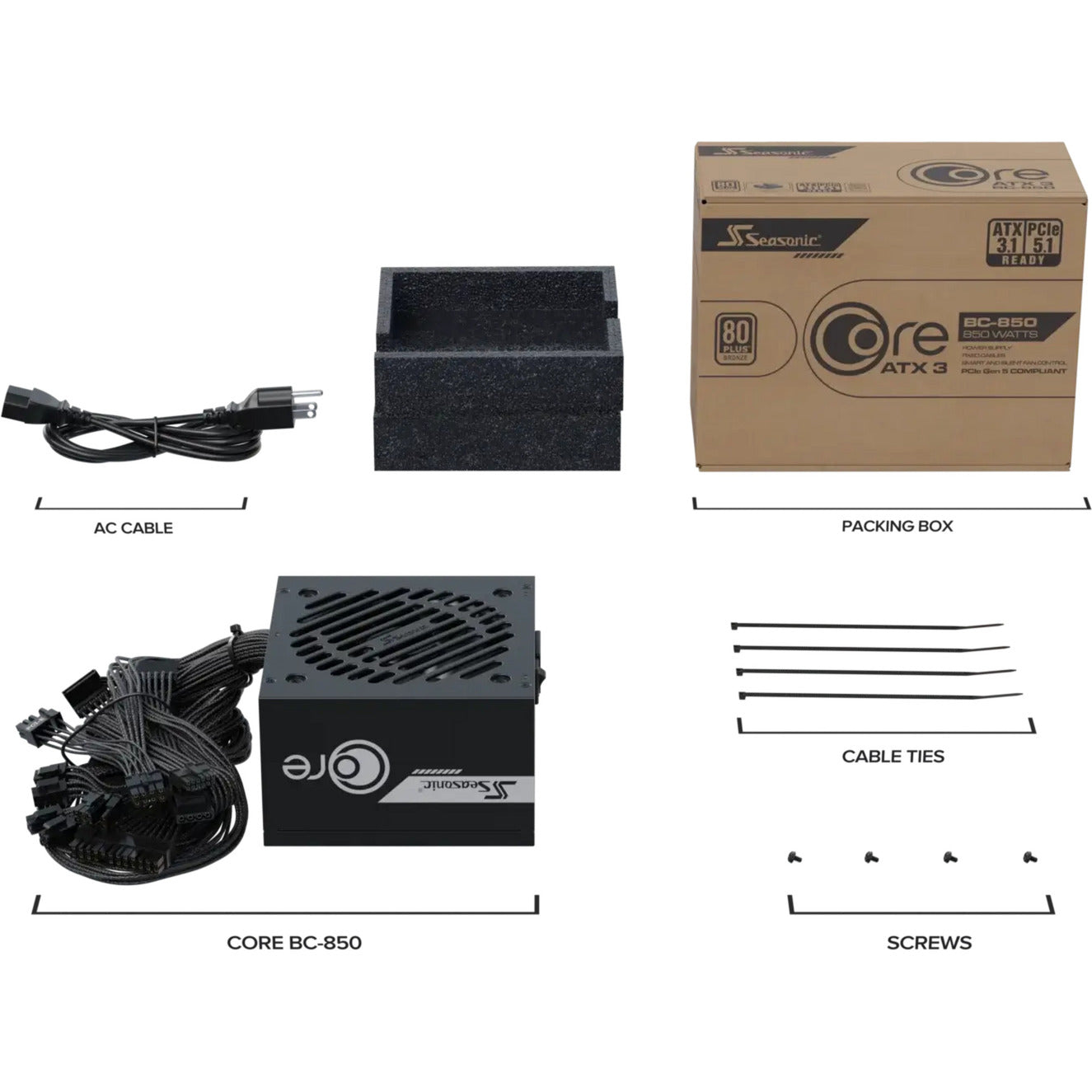 Seasonic core bc-850 atx 3.1 850 watt voeding (zwart, 1x 12v-2x6, 3x pcie)