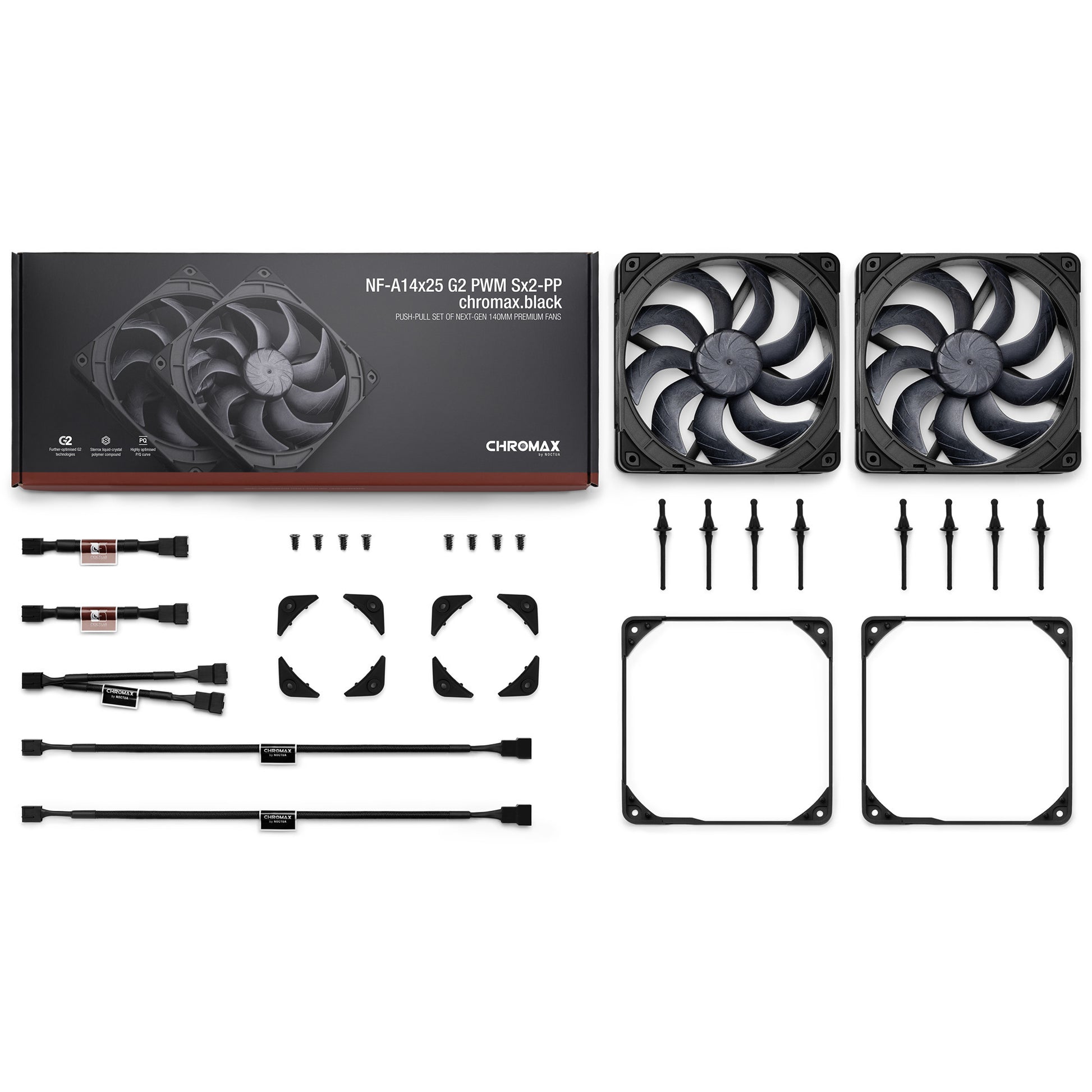 Ventole Noctua nf-a14x25 g2 pwm sx2-pp chromax.black (nero, 2 pezzi, 140 x 140 x 25 mm)