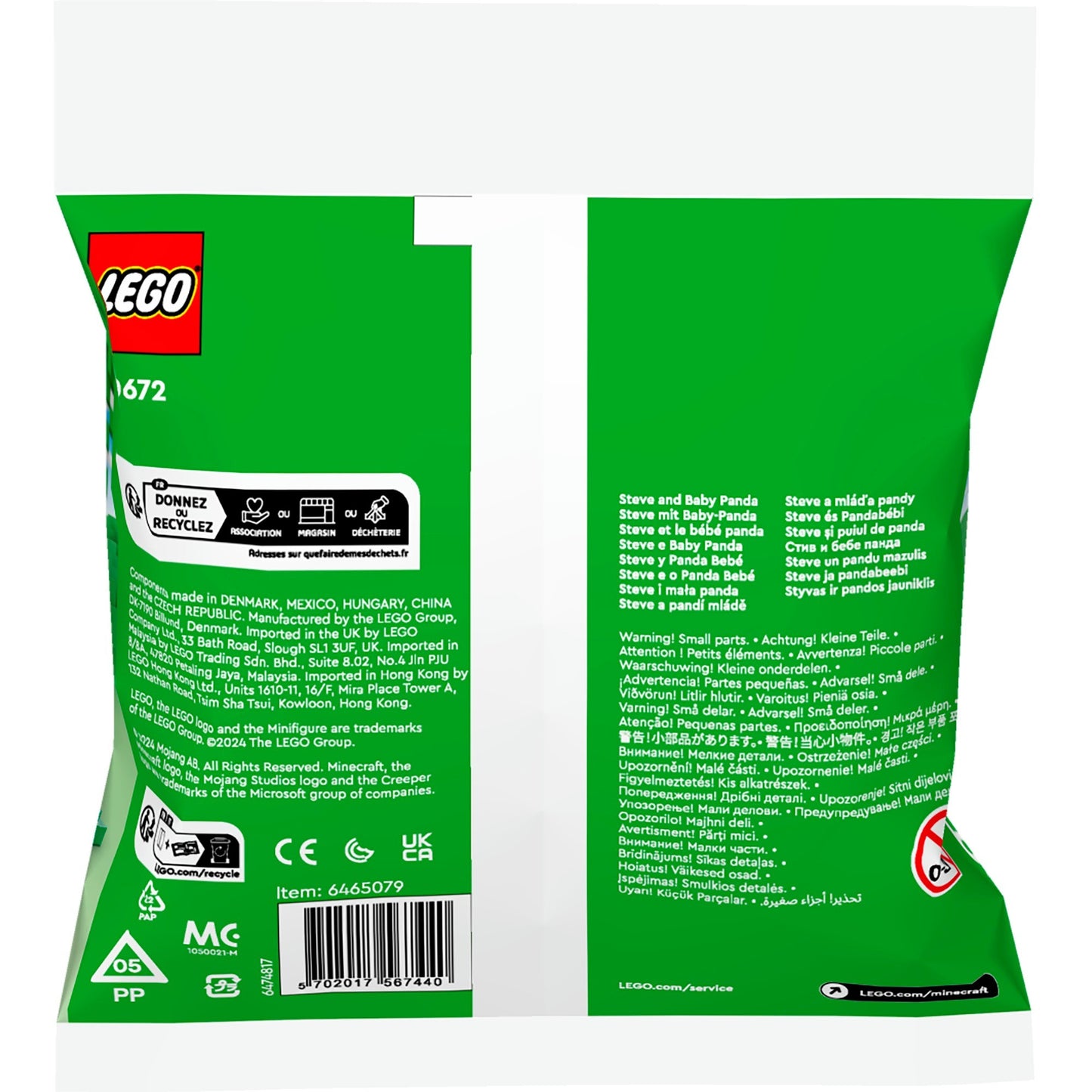 Lego Minecraft - giocattoli da costruzione Steve e Baby Panda (30672)