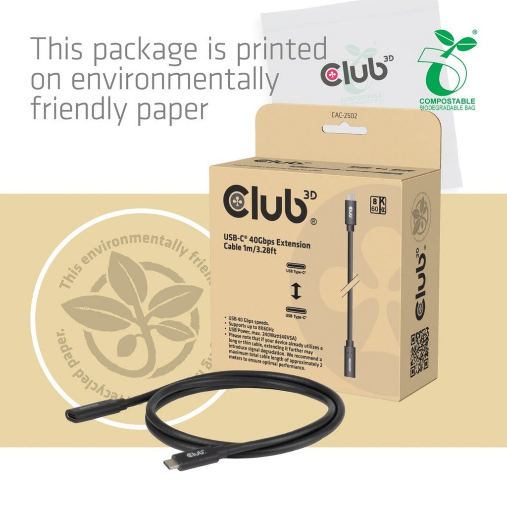 Cavo di prolunga Club 3D USB-C 40 Gbps (nero, 1 metro, 8k 60 Hz, PD 240 watt)