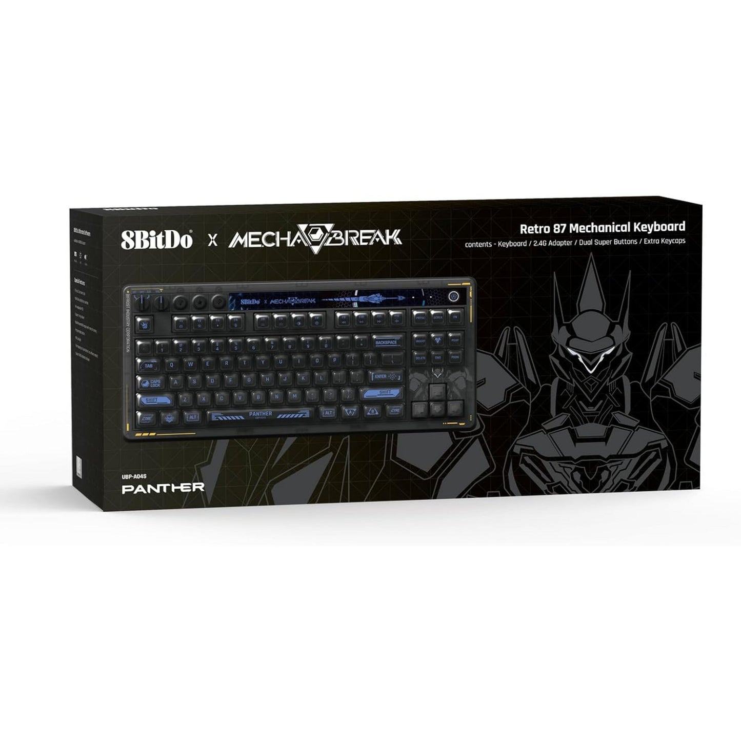 Teclado mecánico 8bitdo retro 87 - mecha break, teclado para juegos (negro azul, diseño estadounidense, kailh box jellyfish pro polish, tkl, teclas abs, hot-swap, bluetooth le 5.0, inalámbrico 2.4ghz, usb)