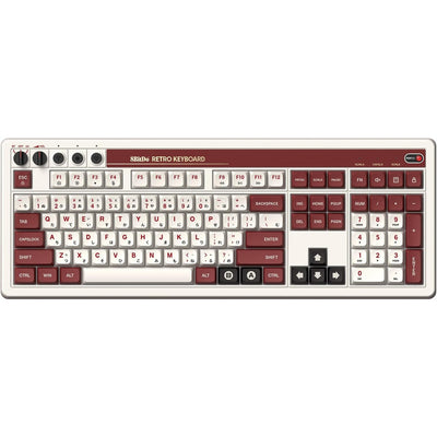 8bitdo retro mechanical keyboard fami edition, gaming toetsenbord (beige rood, us lay-out, kailh box white, bluetooth low energy, wireless 2.4g, usb)
