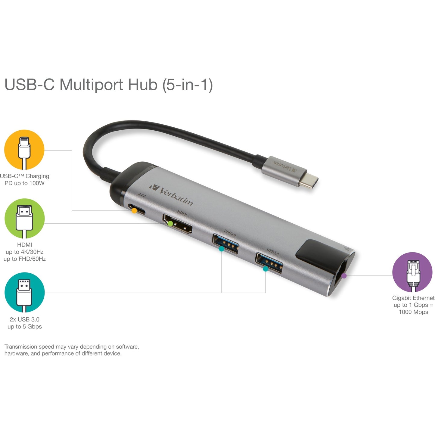 Verbatim USB 3.2 Gen 1 Multiport Hub, USB-C> 2x USB-A + US