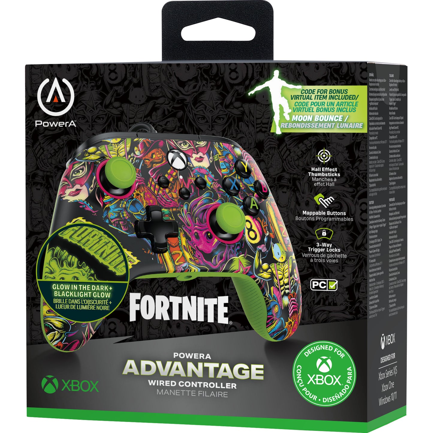 Controller Powera Advantage con cavo per xbox serie x|s - fortnite: Glow (neon green, xbox series x|s, xbox one, PC)