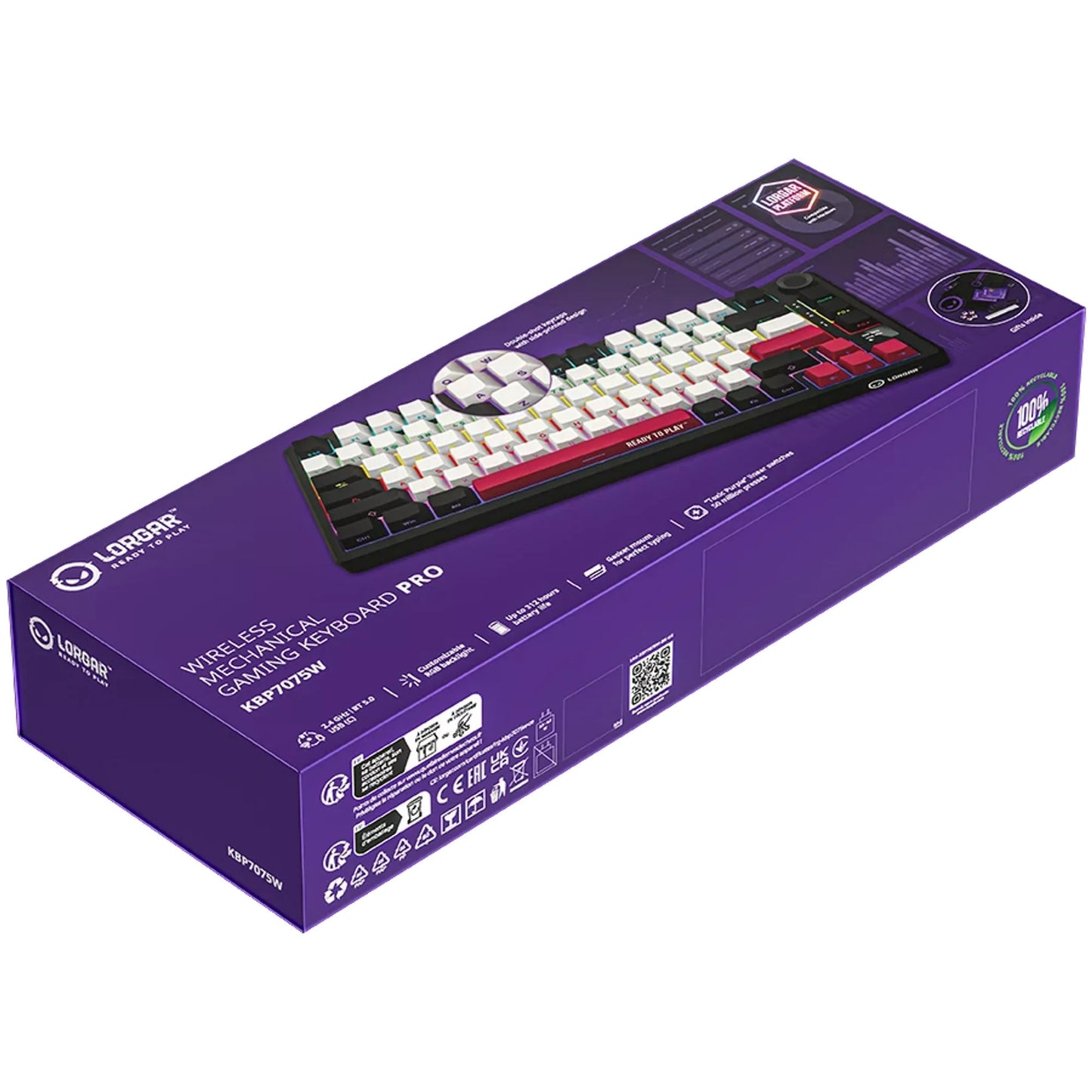 Lorgar kbp7075w, tastiera da gioco (nera, layout americano, logar tossico viola, 75%, rgb, hot-swapable, pbt double-shot, bluetooth 2.4ghz usb)