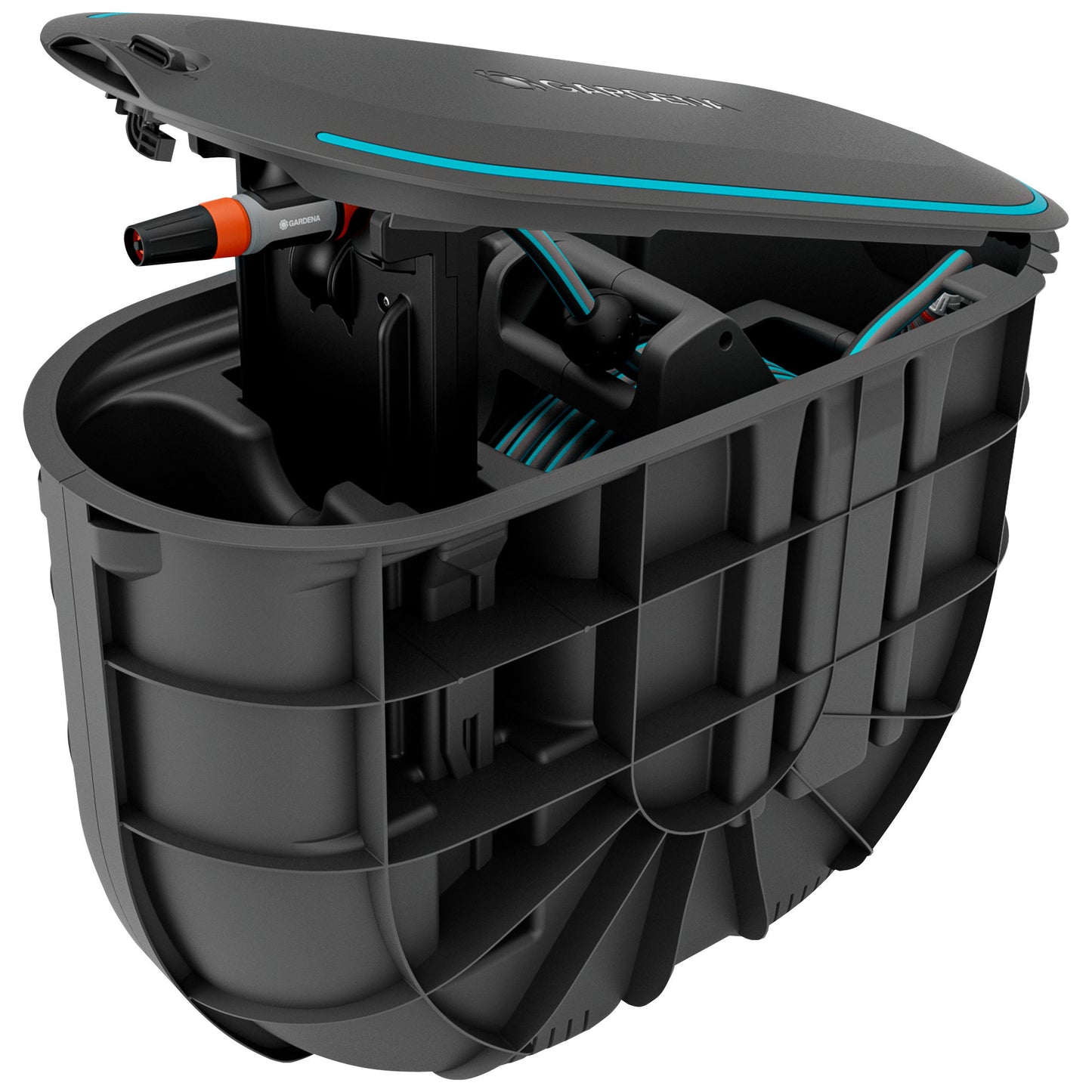 Caja de manguera enrollable oculta Gardena, carrete de manguera de 20 metros (negro turquesa)
