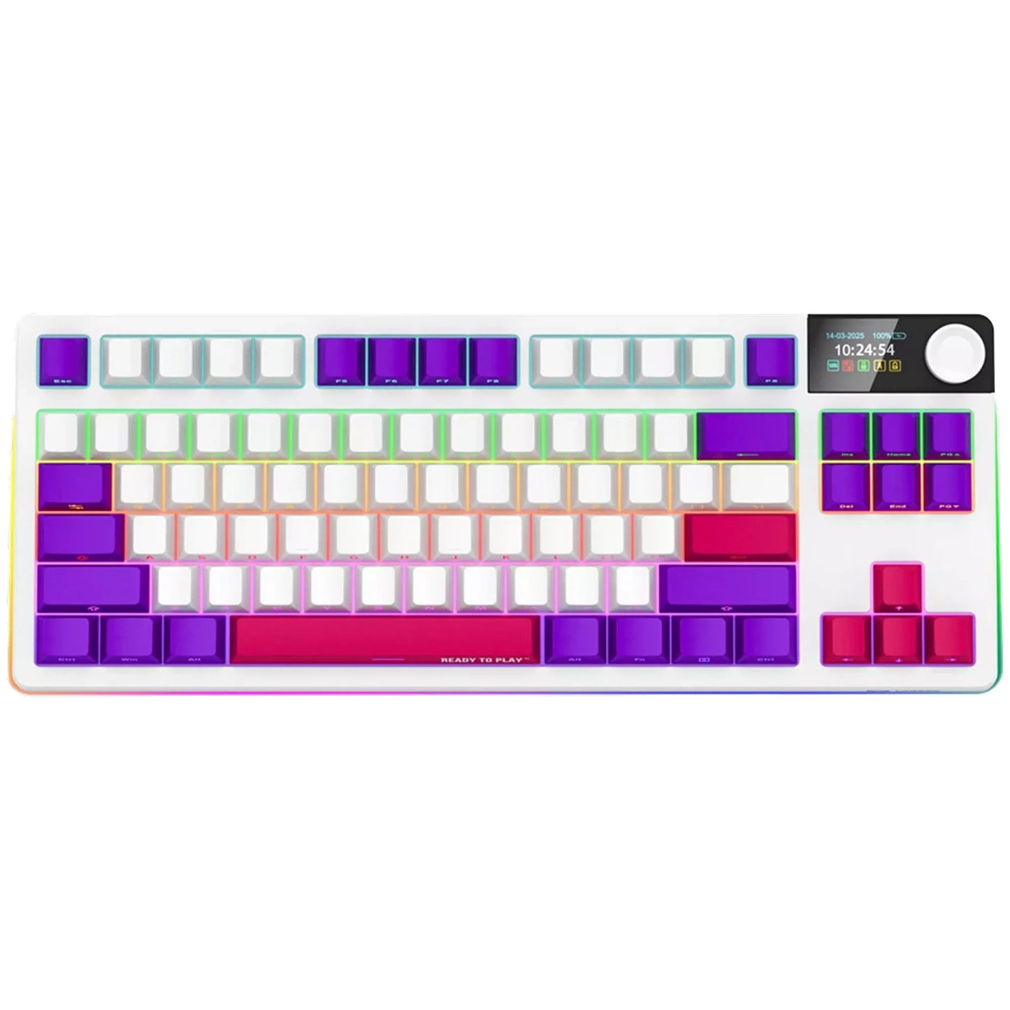 Lorgar kbp70tklw, tastiera da gioco (bianca, layout us, logar tossico viola, tkl, rgb, hot-swapable, pbt double-shot, bluetooth 2.4ghz usb)