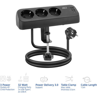 Ciabatta Act Connectivity con 3 prese tipo F (nera, erogazione di potenza 30 W, porte USB tipo C A)