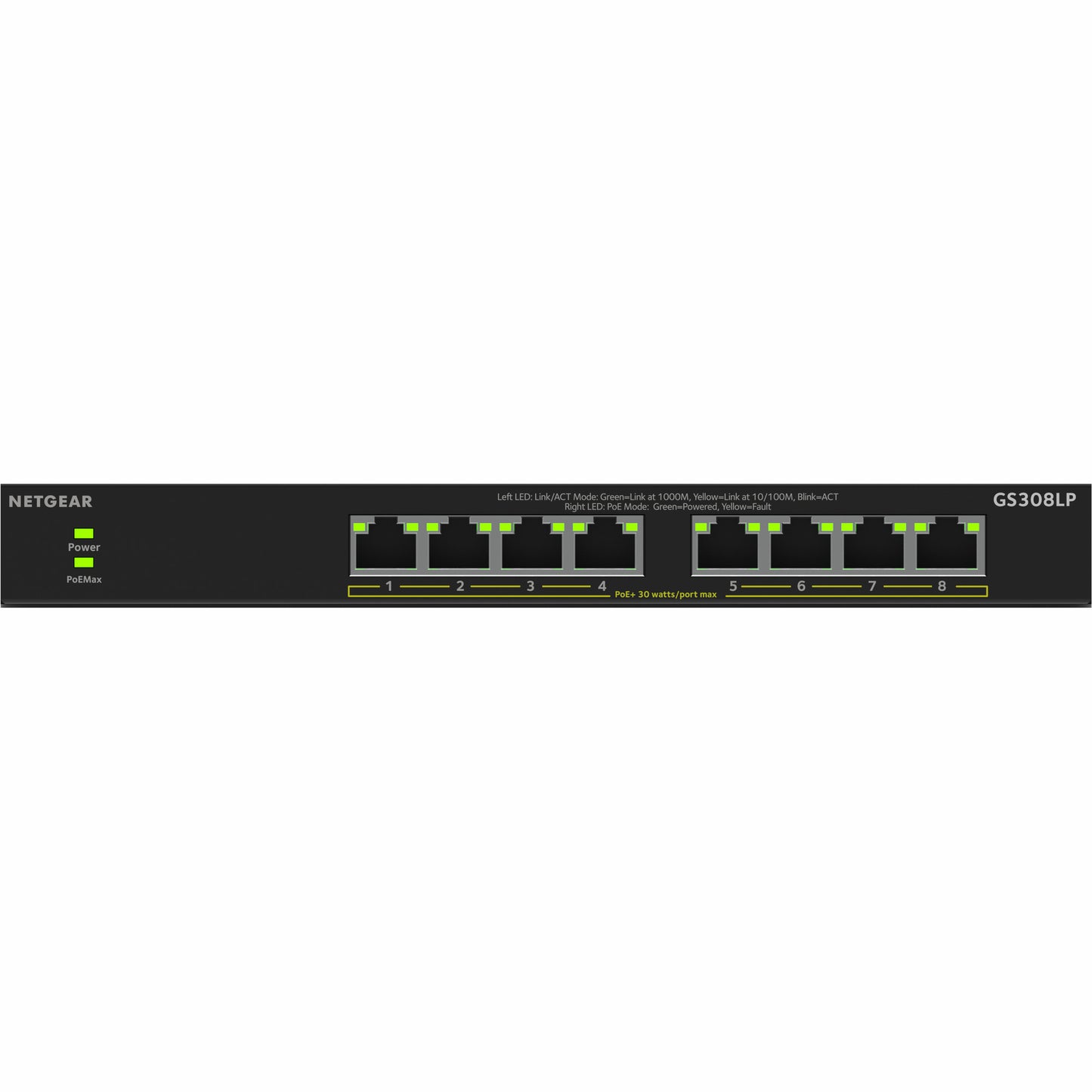 Switch Netgear Gigabit Ethernet a 8 porte Poe+ Essentials non gestito (gs308lp) (Nero, Poe da 60 Watt)