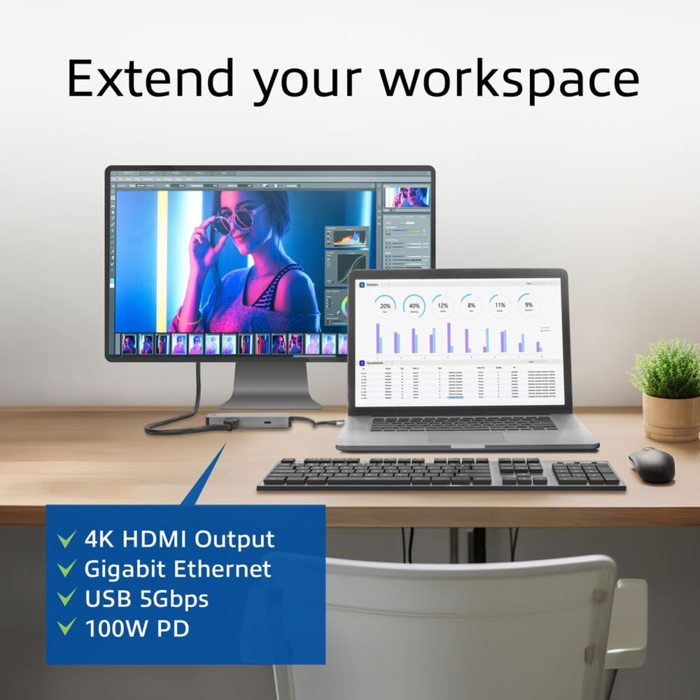 Conectividad ACT USB-C 4K Estación de acoplamiento para 1 HDMI Monitor, EthEd