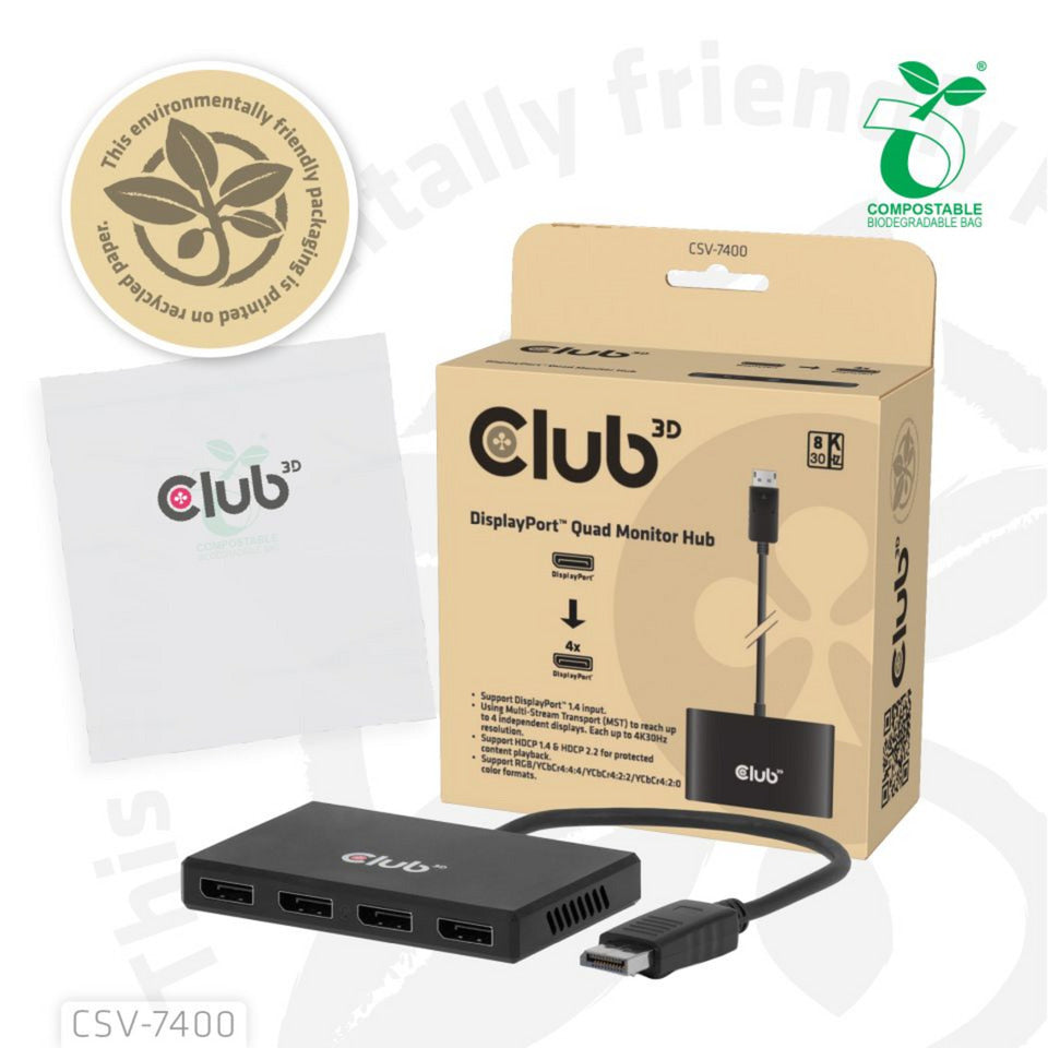 Club Hub 3D DisplayPort Quad Monitor MST 4x 4K30Hz DisplayPort Splitter (Nero)