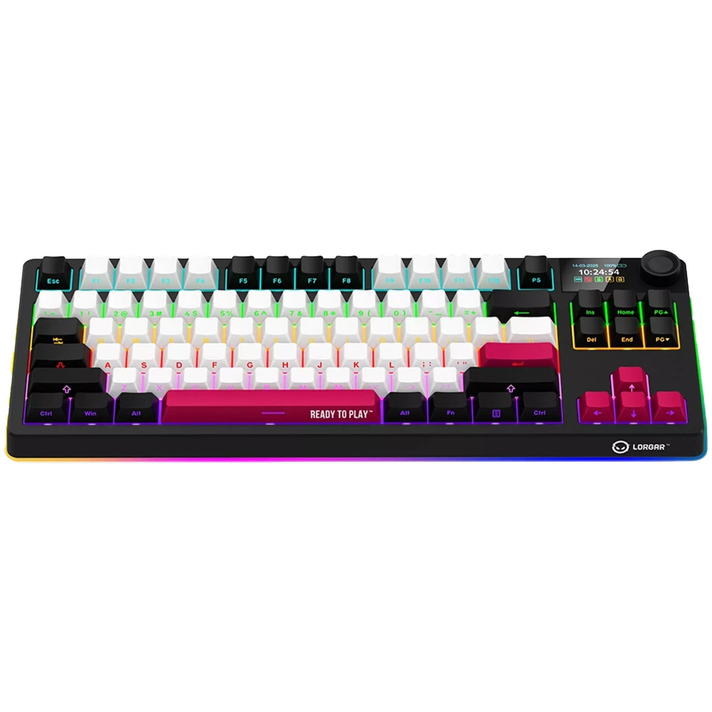 Lorgar kbp70tklw, teclado para juegos (negro, diseño estadounidense, logar toxic purple, tkl, rgb, intercambiable en caliente, pbt double-shot, bluetooth 2.4ghz usb)
