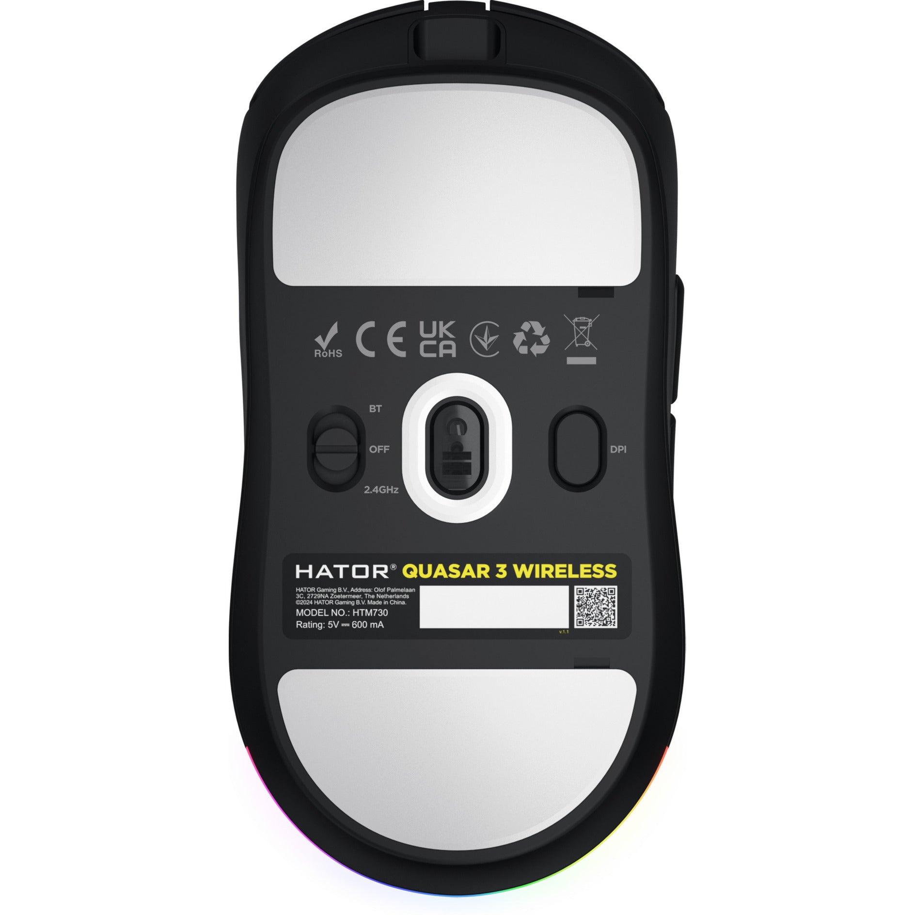 Mouse da gioco wireless Hator Quasar 3 (nero, 400 - 12.000 dpi, RGB, USB Bluetooth 5.1 da 2,4 GHz)