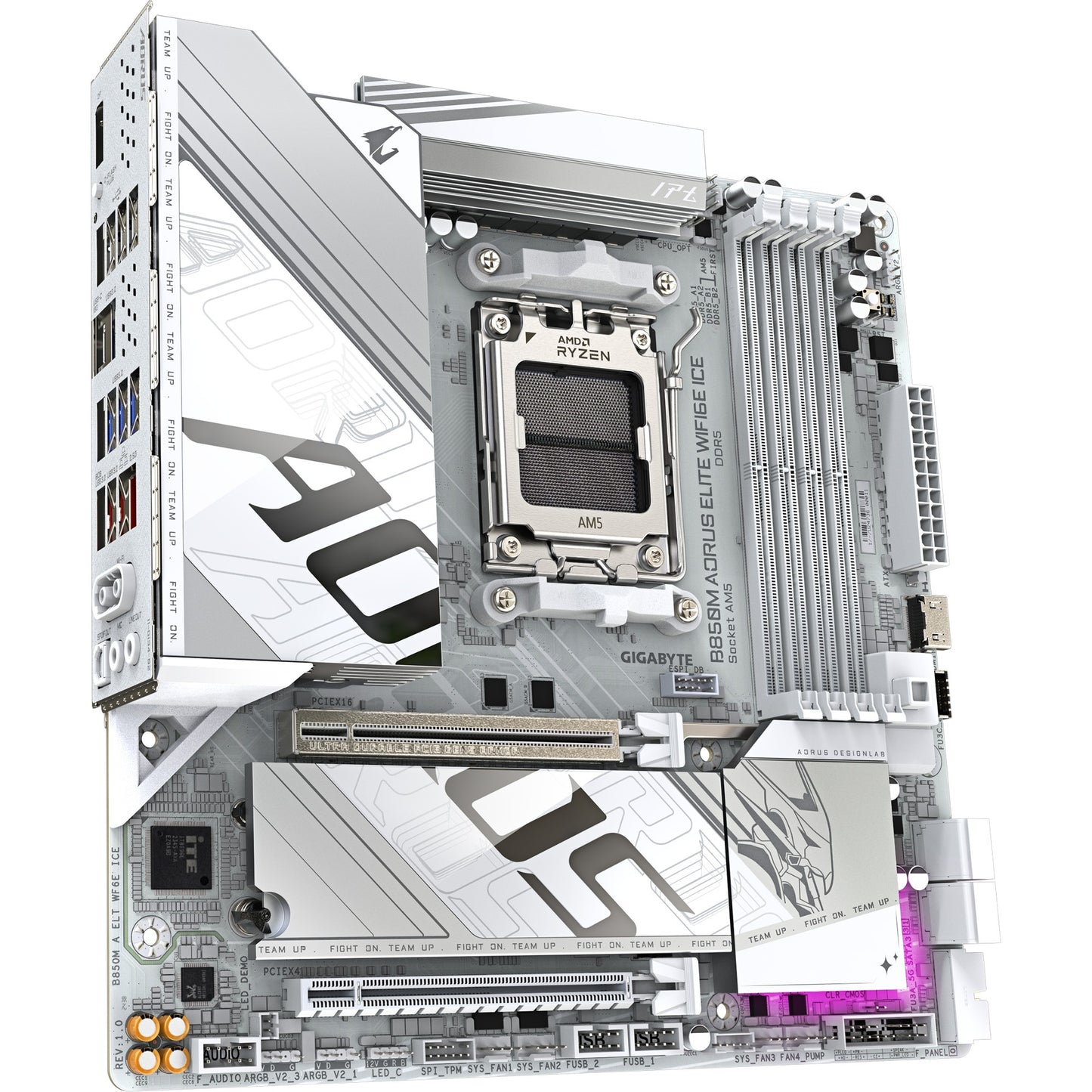 Scheda madre Gigabyte B850M Aorus Elite WiFi6E Ice Socket AM5 (bianco argento, RAID, 2,5 GB-LAN, WiFi 6E, BT, audio, µATX)