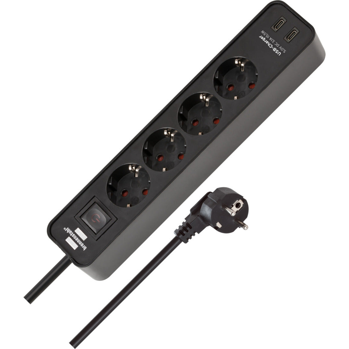 Regleta Brennerstuhl ecolor con 2 tomas de carga USB-C | 4 enchufes | negro | 1,5m h05vv-f 3g1.5 - 1153240106