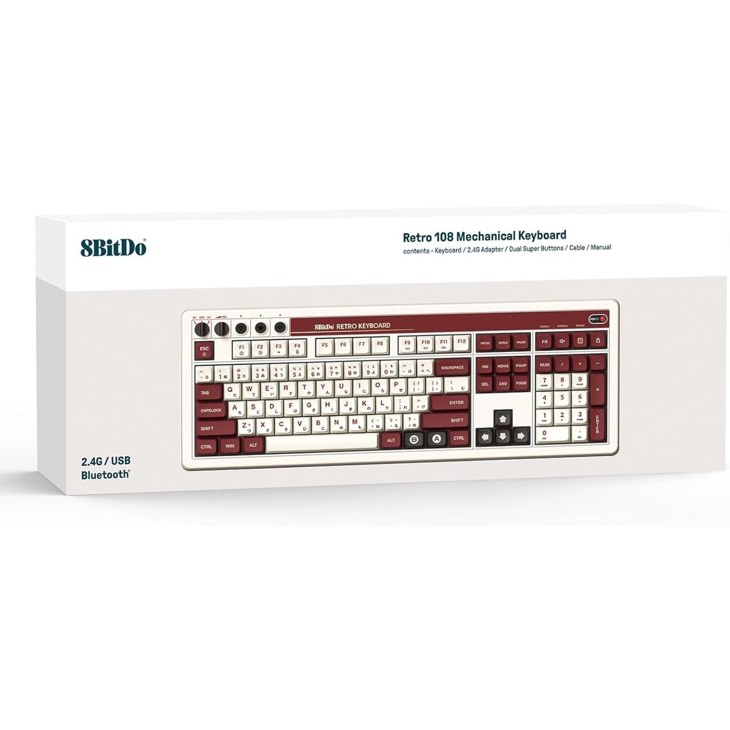 8bitdo retro mechanical keyboard fami edition (beige, us lay-out (qwerty), kailh box white, 100%, bluetooth low energy, wireless 2.4g, usb)