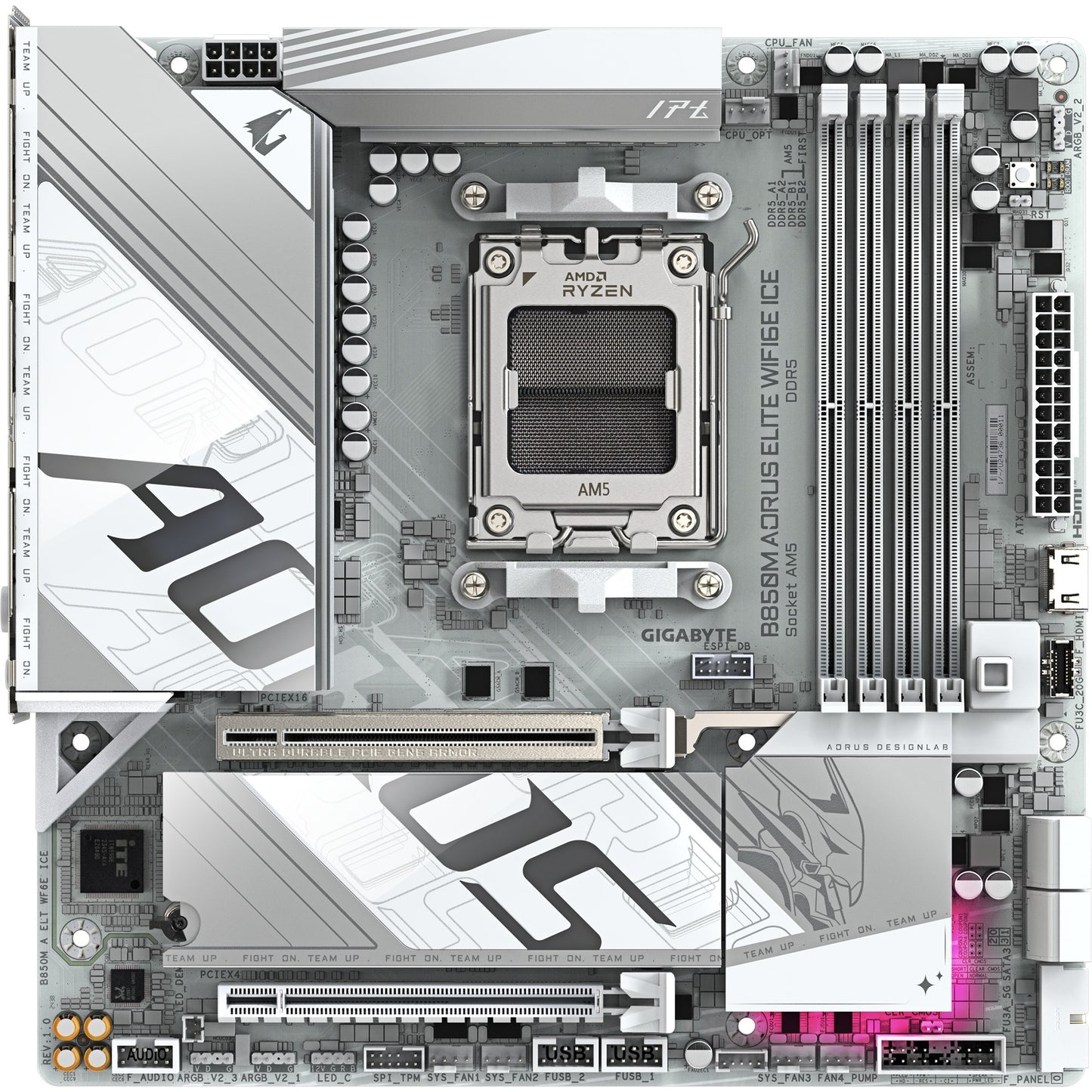 Scheda madre Gigabyte B850M Aorus Elite WiFi6E Ice Socket AM5 (bianco argento, RAID, 2,5 GB-LAN, WiFi 6E, BT, audio, µATX)