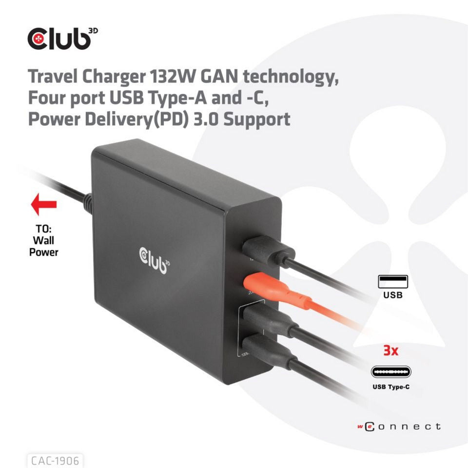 Club 3D Travel Charger 132W Gan Technology, Four Port USB