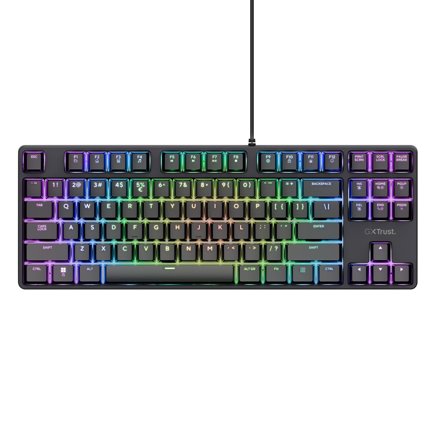 Trust GXT 864 Cada Tastiera da gioco meccanica compatta TKL, tastiera da gioco (nera, layout USA, marrone Huano, RGB)