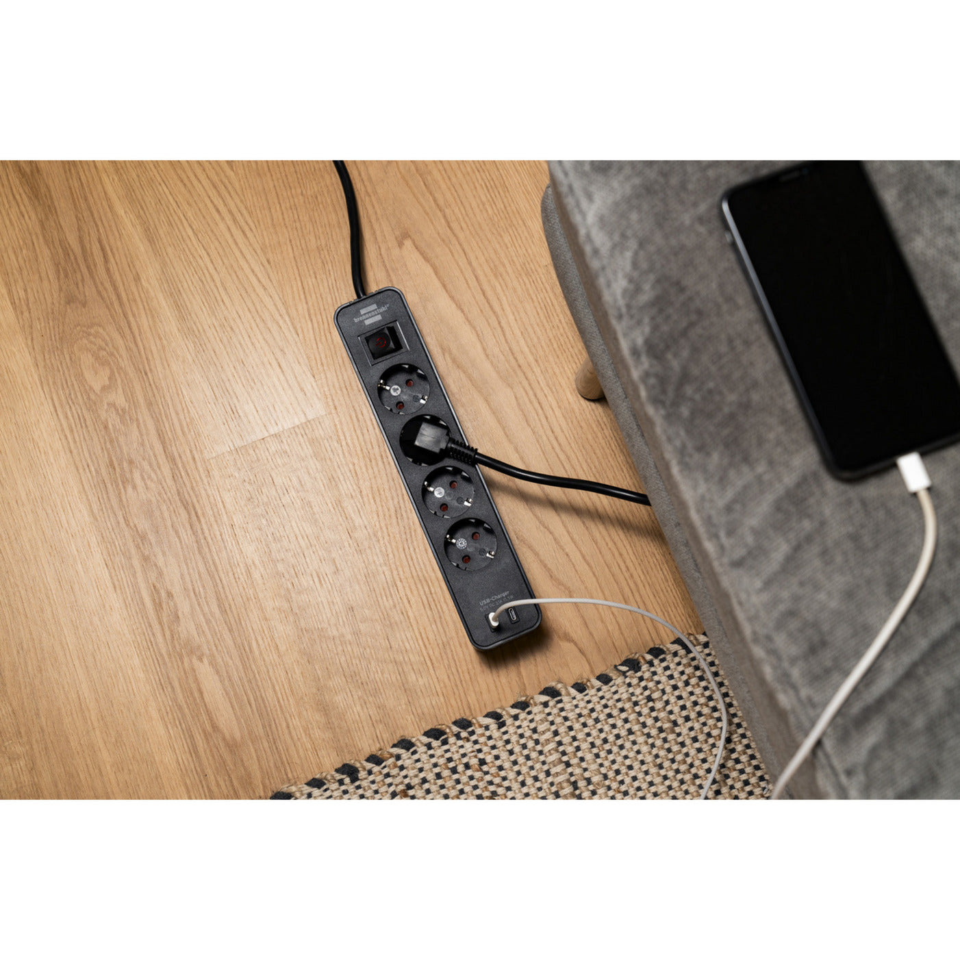 Regleta Brennerstuhl ecolor con 2 tomas de carga USB-C | 4 enchufes | negro | 1,5m h05vv-f 3g1.5 - 1153240106