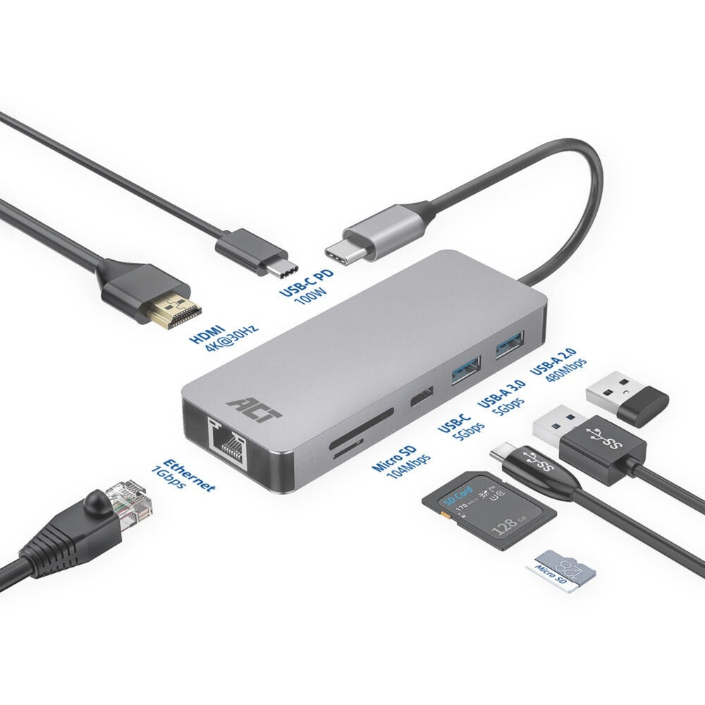 Conectividad ACT USB-C 4K Estación de acoplamiento para 1 HDMI Monitor, EthEd