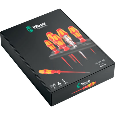 Wera 160 is 7 schroevendraaierset kraftform plus serie 100 (rood geel, eenpolige fasetester, houder, 7‑delig)