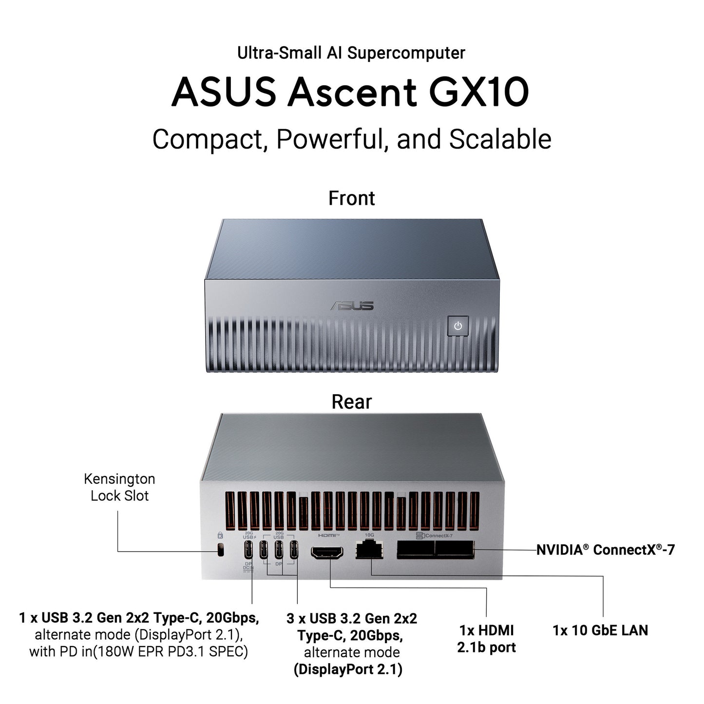 Mini PC Asus Ascent GX10 Arm V9.2-A 128 2 Mini PC (Grigio scuro | NVIDIA GB10 Grace Blackwell | DGX Spark | NVLINK-C2C | 128 GB | SSD da 2 TB)