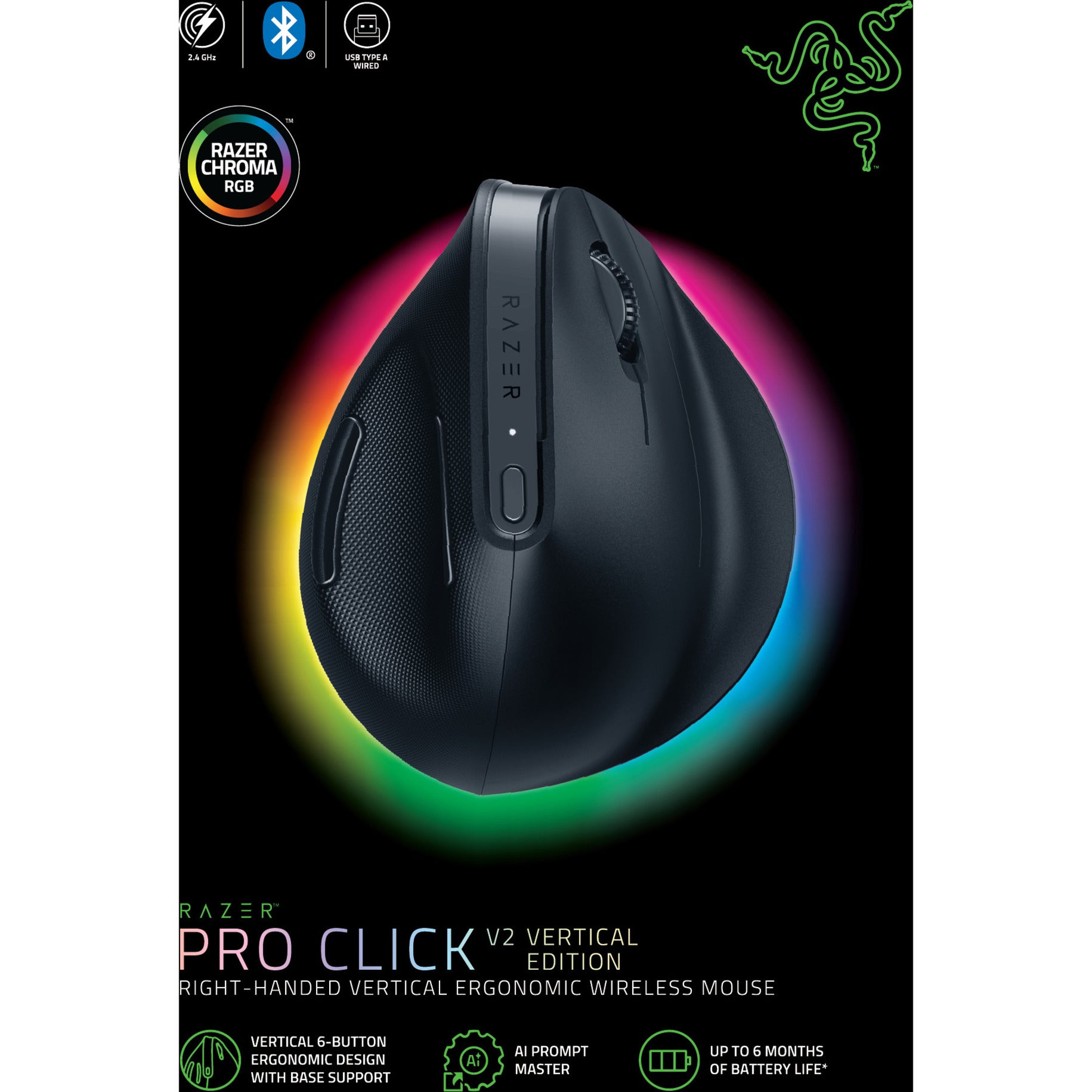 Mouse da gioco verticale Razer pro click v2 (nero, fino a 30.000 dpi, USB-C Bluetooth 2,4 GHz)