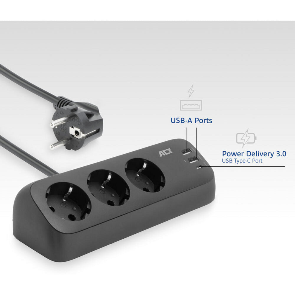 Ciabatta Act Connectivity con 3 prese tipo F (nera, erogazione di potenza 30 W, porte USB tipo C A)