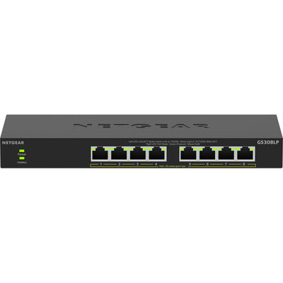 Netgear 8-port gigabit ethernet unmanaged poe+ essentials switch (gs308lp) (black, 60 watt poe)