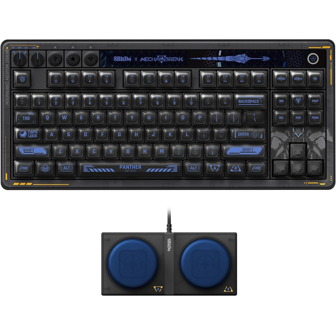Teclado mecánico 8bitdo retro 87 - mecha break, teclado para juegos (negro azul, diseño estadounidense, kailh box jellyfish pro polish, tkl, teclas abs, hot-swap, bluetooth le 5.0, inalámbrico 2.4ghz, usb)