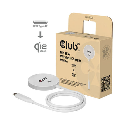 Club 3D CAC-3026 Cargador inalámbrico Qi2 25W (Blanco, Certificado Qi, Compatible con MagSafe, Almohadilla magnética)