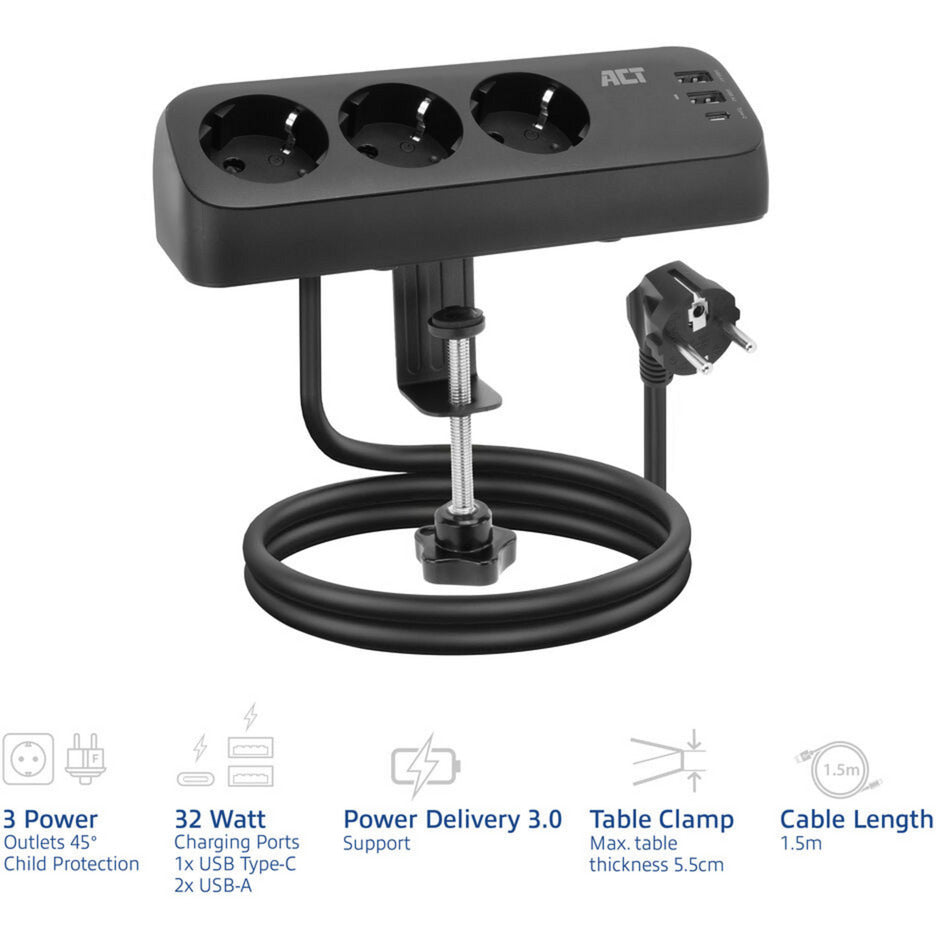 Ciabatta Act Connectivity con 3 prese tipo F (nera, erogazione di potenza 30 W, porte USB tipo C A)