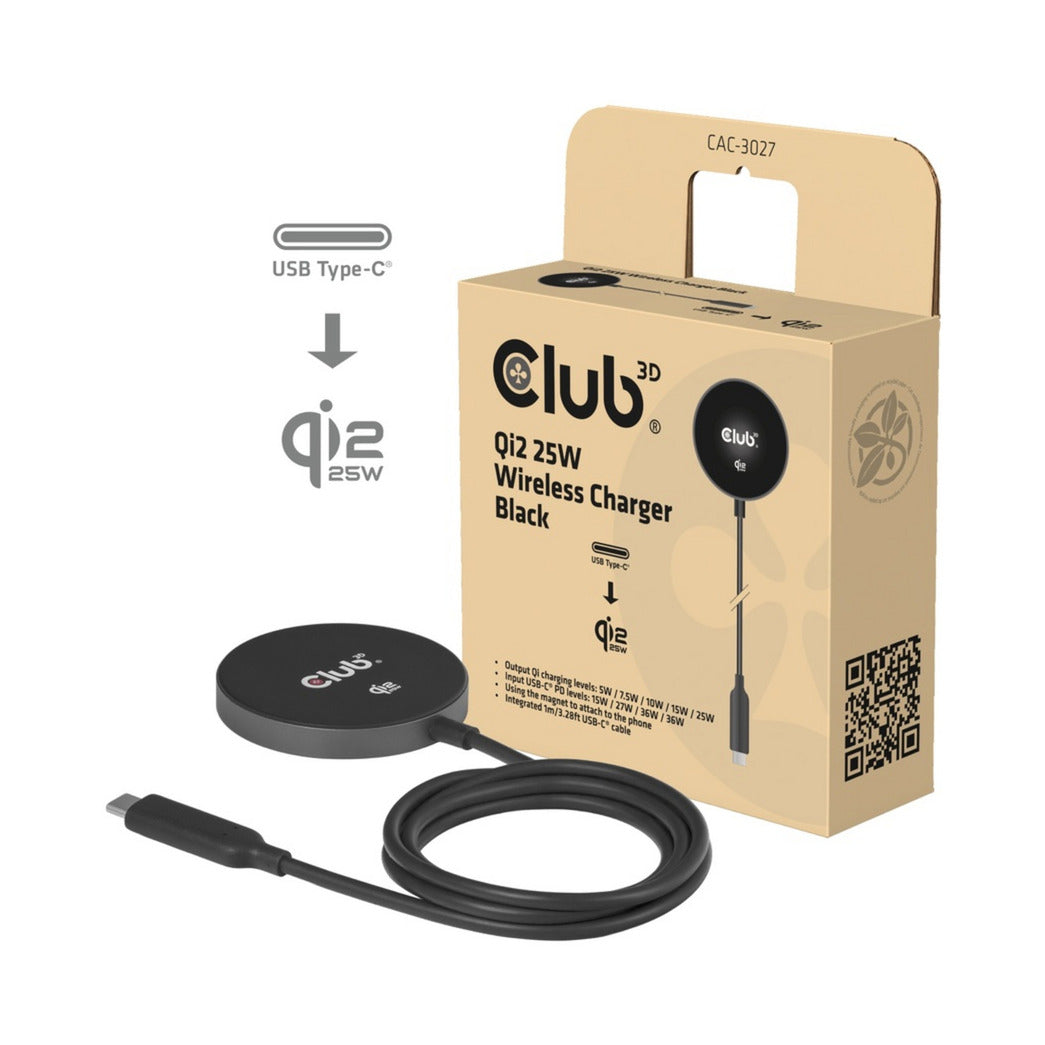 Caricabatterie wireless Club 3D CAC-3027 Qi2 25 W (nero, certificato Qi, compatibile MagSafe, supporto magnetico)