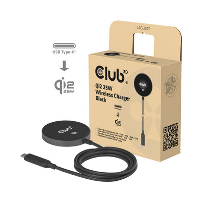 Club 3D CAC-3027 Cargador inalámbrico Qi2 25W (Negro, Certificado Qi, Compatible con MagSafe, Almohadilla magnética)