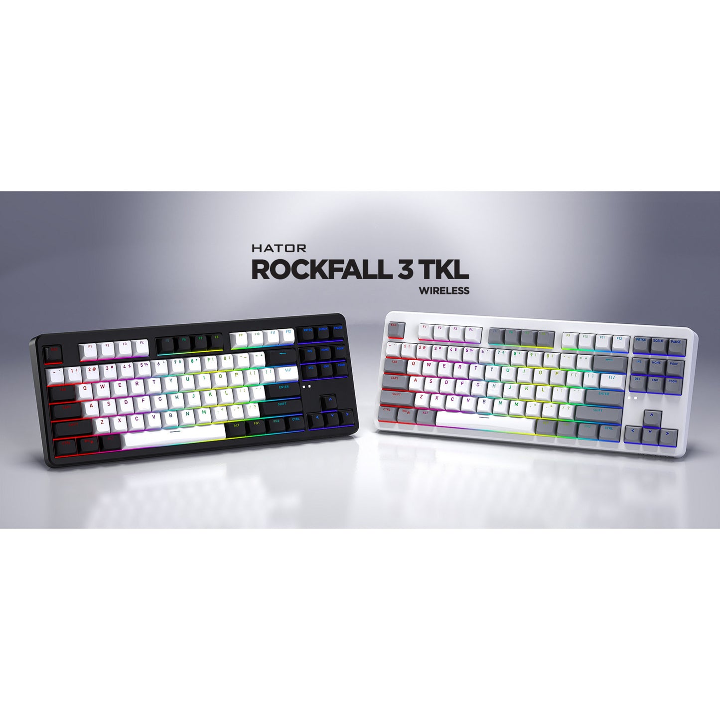 Hator rockfall 3 tkl inalámbrico, teclado para juegos (blanco, diseño estadounidense, hator aurum orange, rgb, teclas pbt, hotswap, bluetooth usb-c de 2,4 ghz)