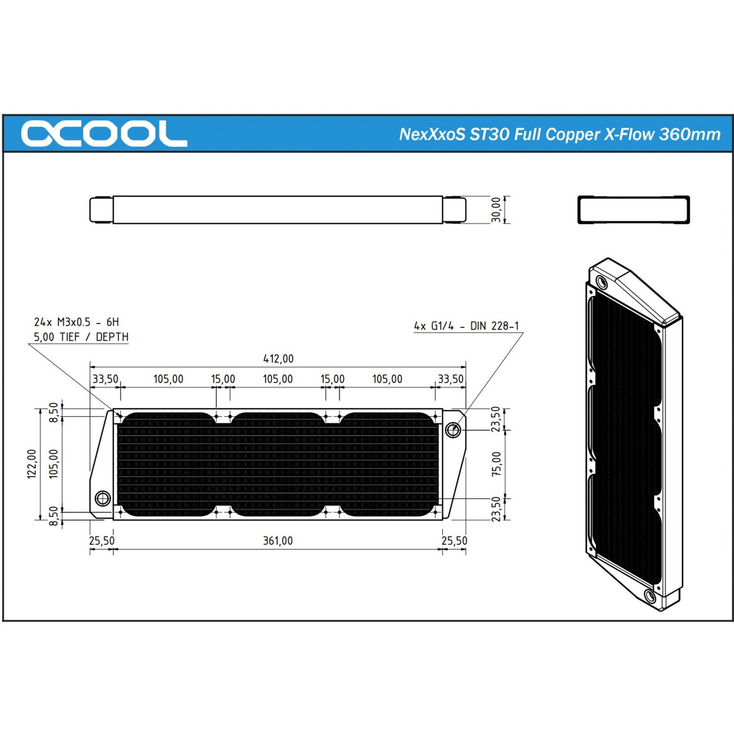 Alphacool nexxxos st30 x-flow 360mm radiator (black)