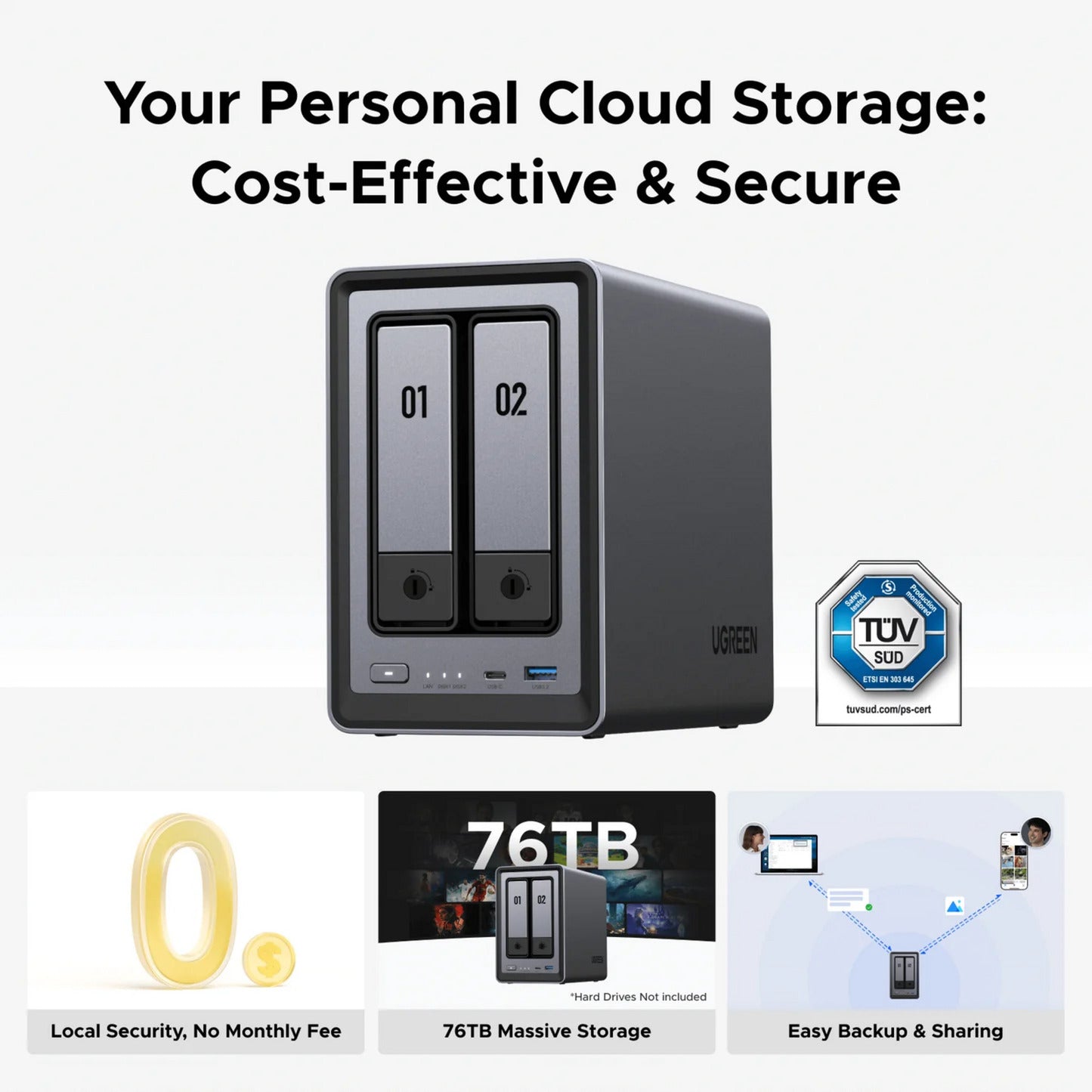 Ugreen nasync dxp2800 (grigio, 2.5GBe, HDMI, USB-C)