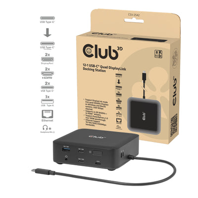 Estación de acoplamiento Club 3D 12-1 USB-C® Quad DisplayLink (negra)