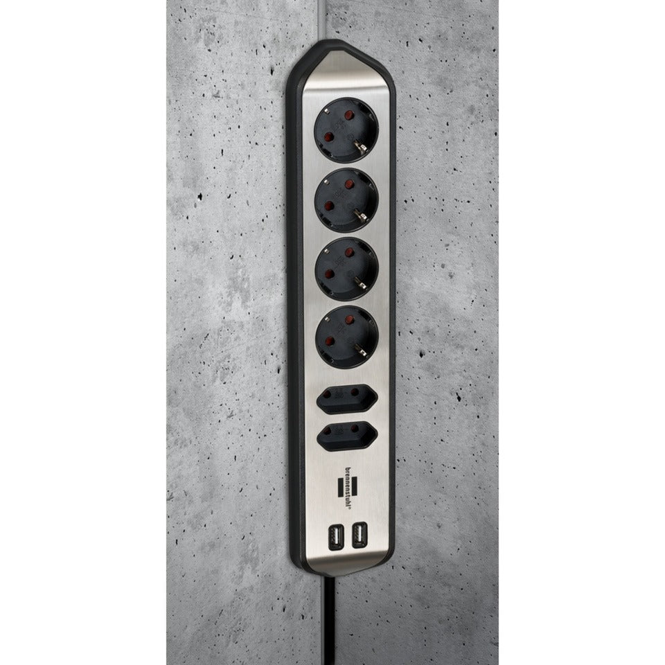Brennenstuhl ®estilo hoekaansluitdoosstrook met usb laadfunctie 6-weg 4x b eschermend contactdoos 2x euro zilver zwart