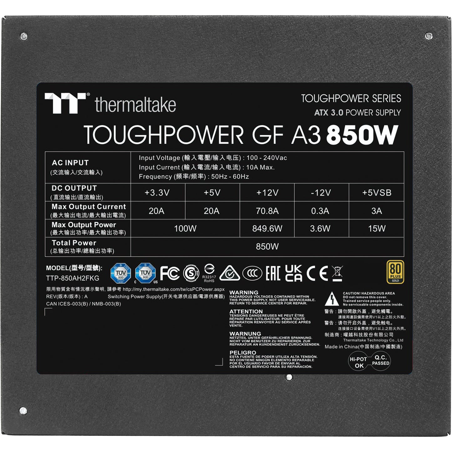 Thermaltake toughpower gf a3 gold - tt premium edition modulaire 850 watt voeding (zwart, 4x pcie)