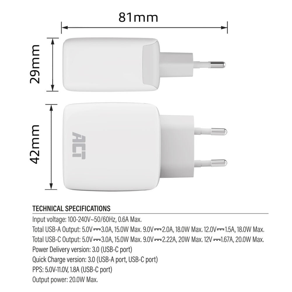Connettività ACT USB-C USB-A Caricatore 20W con consegna PPP, Quin