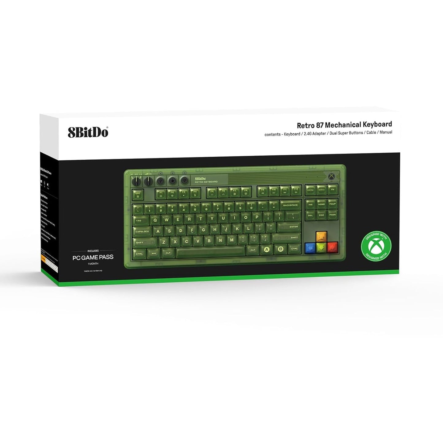 8bitdo retro 87 mechanical keyboard - xbox edition (groen, us lay-out (qwerty), kailh box jellyfish x, 80% (tkl), abs keycaps, bluetooth 5.0, wireless 2.4g, usb)
