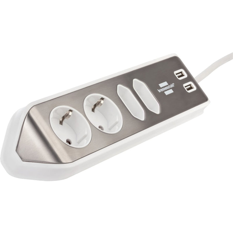 Brennenstuhl estilo hoekstekkerdoos 4-voudig stekkerdoos (wit roestvrij staal, 2x usb)
