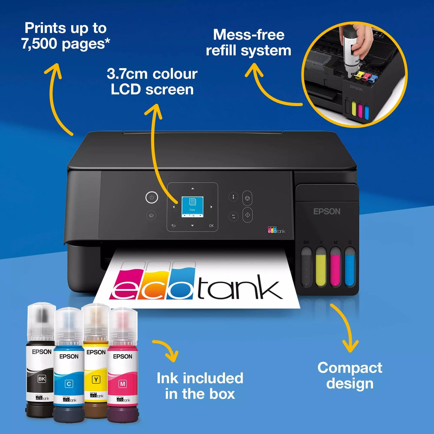 Impresora de inyección de tinta todo en uno epson ecotank et-2922 (negro, escanear, copiar, wi-fi, incluye hasta 3 años de tinta, c11cl63416)