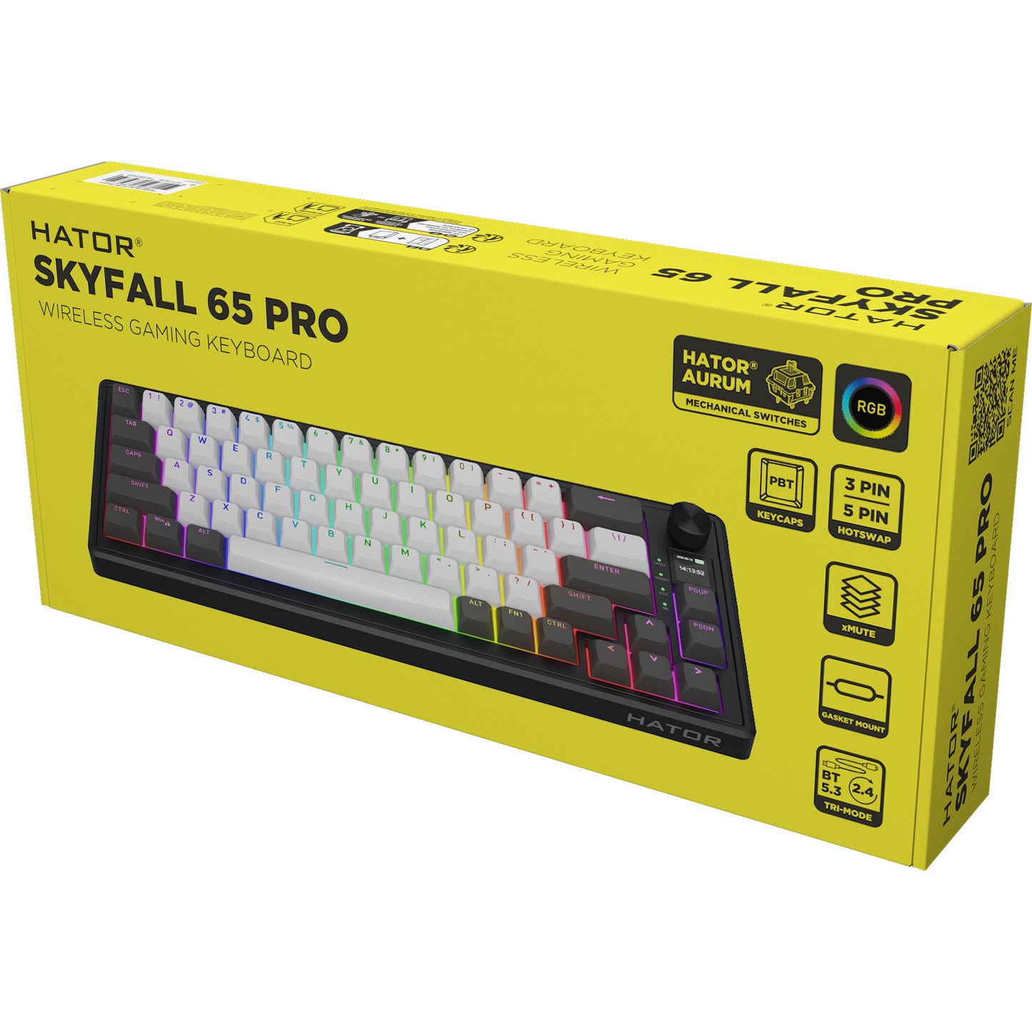 Hator skyfall pro wireless, tastiera da gioco (nera, layout americano, hator aurum vanilla silenzioso, 65%, rgb, double-shot pbt, hot-swap, bluetooth usb-c da 2,4 ghz)