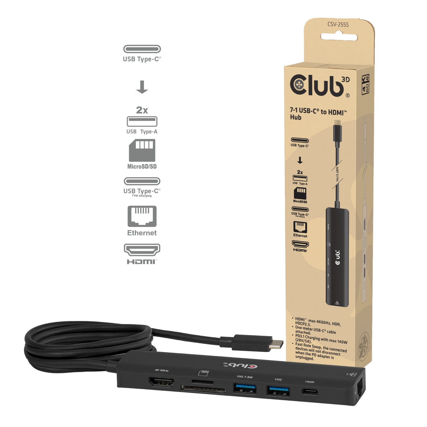 Club 3D CSV-2555 7-1 Hub USB-C a HDMI (Negro, 4K60Hz, PD3.1 140W, USB-A, USB-C, LAN, MicroSD)